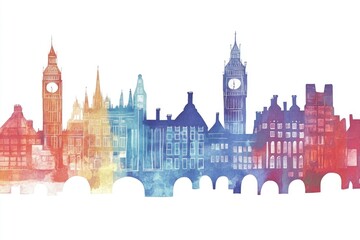 Fototapeta premium Watercolor illustration of a cityscape with a prominent clock tower