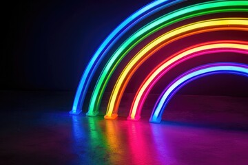 Vibrant Neon Glow Sticks Forming Rainbow Over Black Background with Copy Space