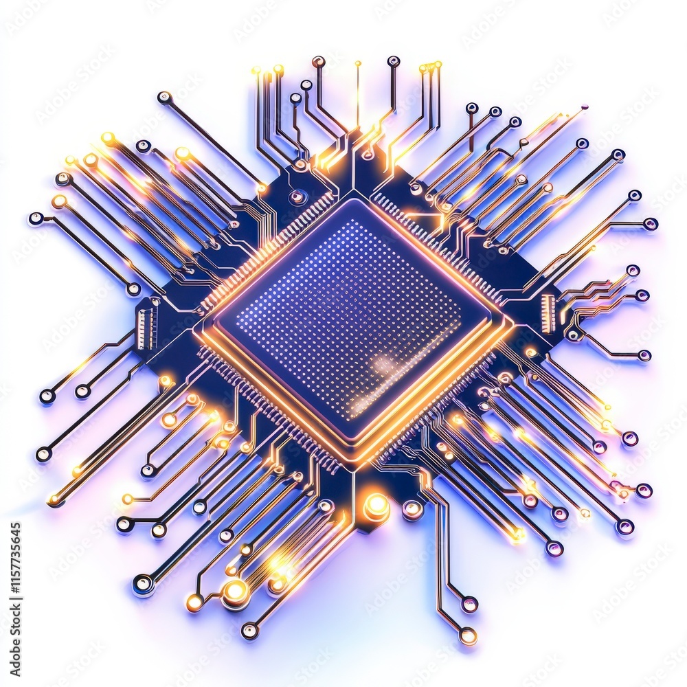 Aufkleber futuristic microchip design with glowing circuits on a white isolated background.