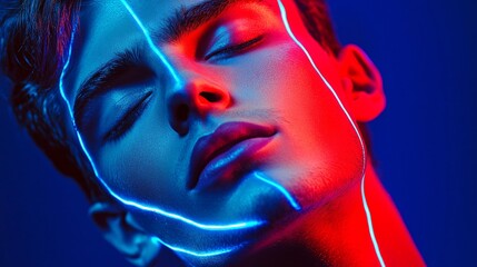 A young Caucasian male with closed eyes, illuminated by striking blue and red neon light patterns on his face.