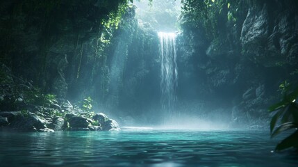 Serene Lagoon with Soft Lighting and Misty Forest