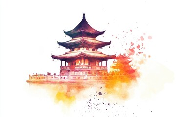 Fototapeta premium A colorful pagoda set against a clean white background, great for designs and layouts needing a touch of Asian flair