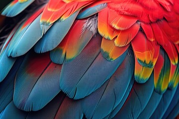 Obraz premium Vibrant Parrot Feathers: Exotic Red and Blue Texture Closeup
