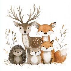 Forest animals gathered together in a whimsical illustration set in a serene woodland environment. Generative AI © Anat art