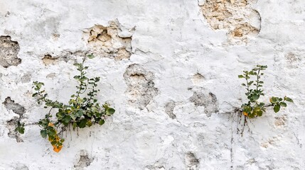 Naklejka premium Green plants emerging from a weathered white wall, showcasing resilience and beauty in decay.