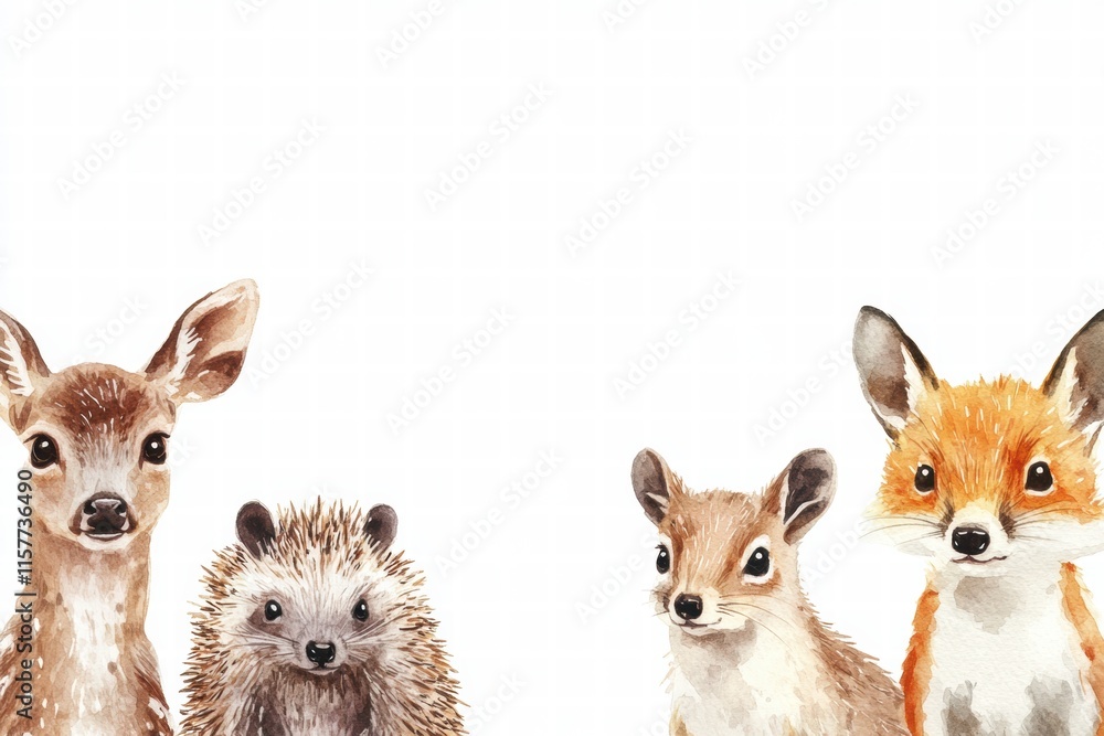 Poster Forest animals gather together during daytime in a peaceful woodland setting with soft colors and charming expressions. Generative AI