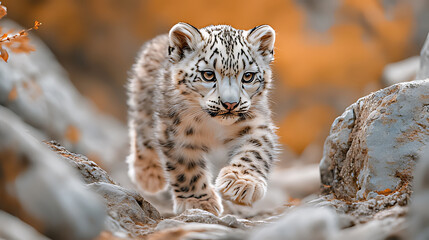 Fototapeta premium Adorable snow leopard cub walking on rocks in autumnal setting.