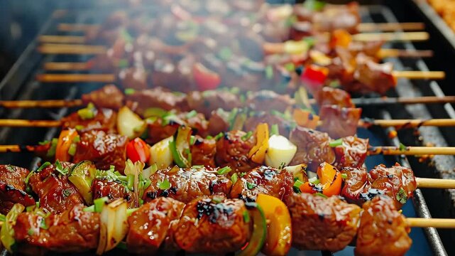 Macro shot of a vibrant barbecue grill cooking marinated meats and vegetables