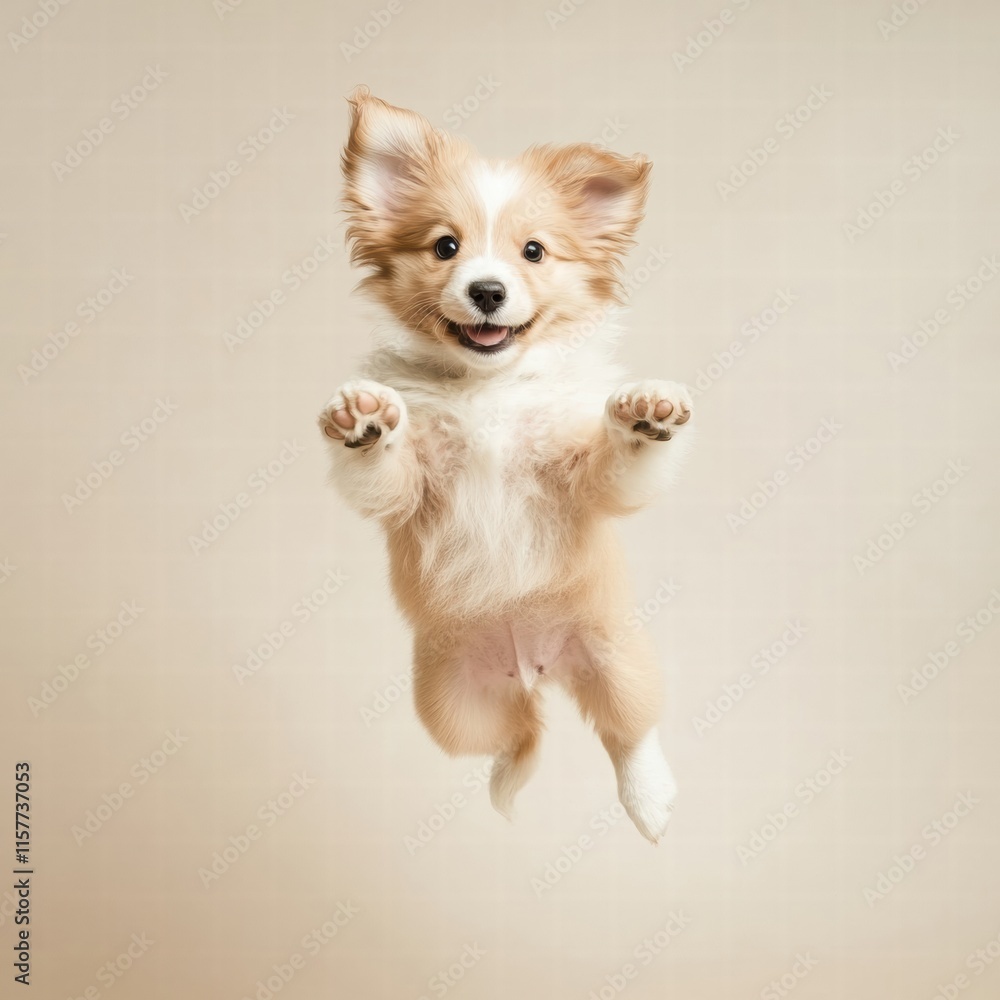 Aufkleber Joyful puppy jumping in mid air with plenty of space for creative text placement in a light background. Generative AI