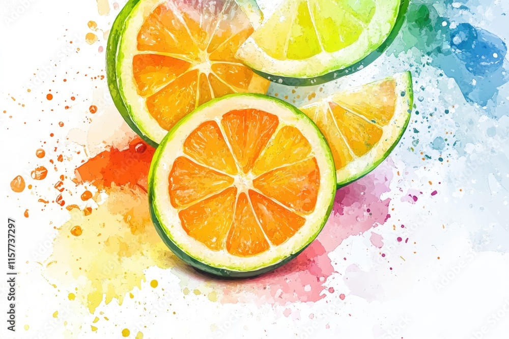 Poster a bright and cheerful still life featuring three slices of orange and lime arranged on a colorful ba