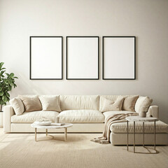Frame mockup, Living room wall poster mockup. Interior mockup with house background. Modern interior design. 