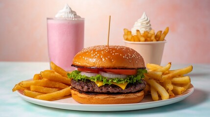 Deliciously Juicy Burger Combo: Close-Up Photo of Tempting Fast Food Meal. AI Generated