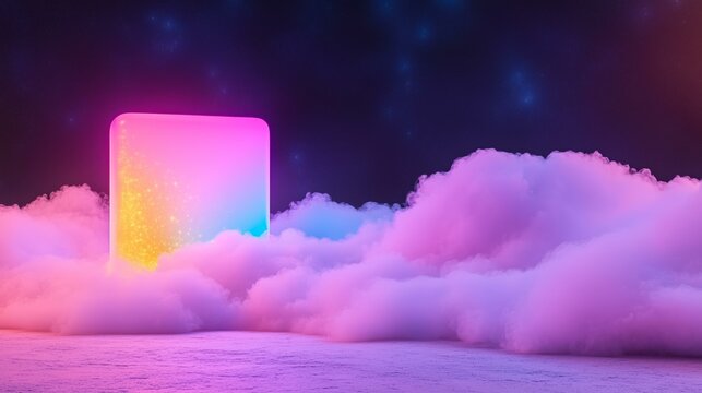 Vibrant neon portal emerging from dreamy cotton candy clouds in a starry sky
