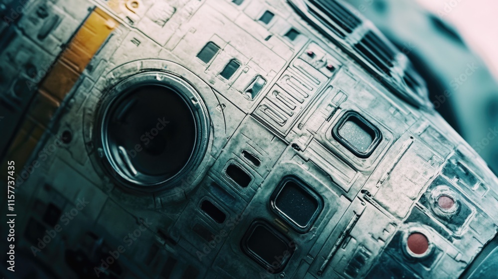 Poster a close-up view of a space ship with details on its surface and engine,