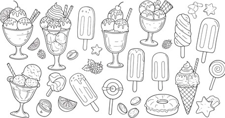 Ice cream Hand drawn doodle set. Different types, waffle cone, cup ice cream, popsicle, sundae. Sketch style cafe menu, card, birthday card