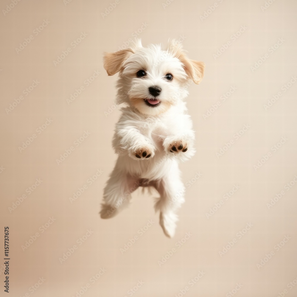 Aufkleber Joyful puppy leaps in mid air creating a delightful moment for hearts and minds with ample space for text or creativity. Generative AI