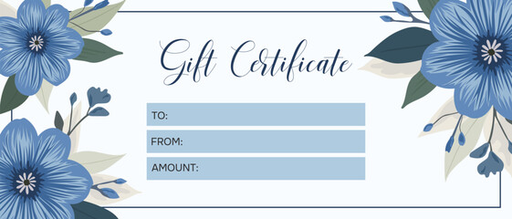 Gift certificate, invitation voucher template. White background with blue delicate flowers.
