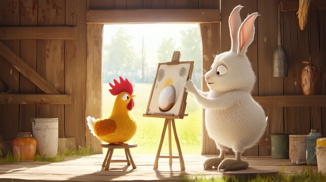 Huhn und Hase betrachten ein Ei in einer Scheune