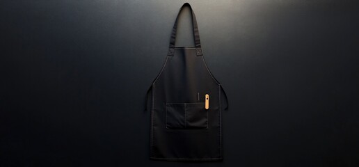 A sleek black apron displayed against a dark background.