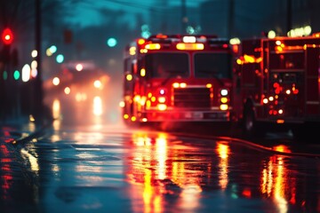A red fire truck is parked on a wet street