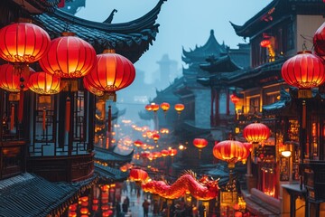 Fototapeta premium A street in China is lit up with red lanterns and a dragon