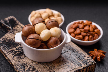 Delicious nutritious macadamia nuts in ceramic bowl