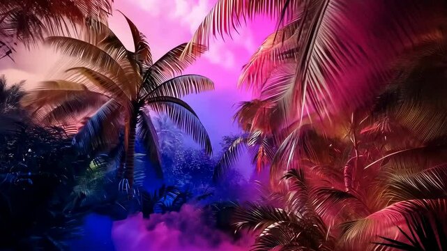 A captivating tropical jungle scene bursting with vivid pinks and purples. The atmosphere feels magical, filled with dense palm trees and a mystical fog enveloping the greenery.