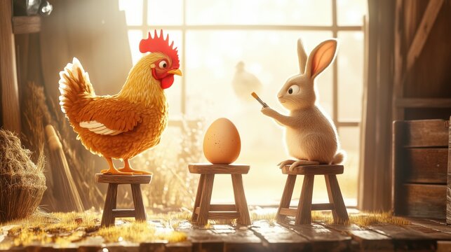 Huhn und Hase mit Eiern in einer rustikalen Scheune