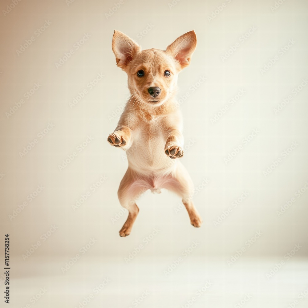 Aufkleber Joyful puppy leaps in playful jump against an empty backdrop perfect for text placement. Generative AI