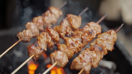 Grilled Meat Skewers at a Busy Market