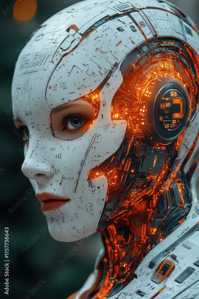 Poster close-up of a robot's head with glowing components