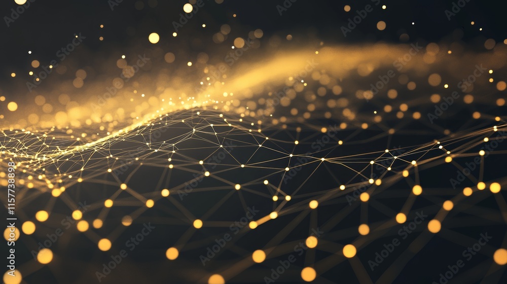 Poster Abstract network connection background. Golden glowing particles and lines.