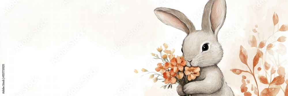 Poster Cuddly rabbit holding a bouquet of flowers in a soft pastel background for creative mock up text placement. Generative AI