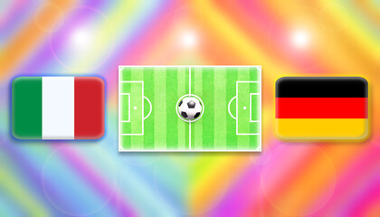 Italy and Germany flag on soccer field with ball.Football match concept against multicolored abstract background.Copy space for text.	