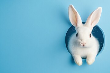 Obraz premium A charming white rabbit curiously peeking out of a circular blue container, perfectly symbolizing joy and renewal during the delightful Easter season, set against a soft and serene blue backdrop