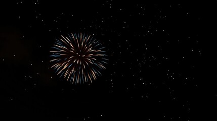 Fototapeta premium Vibrant and Simple Fireworks Display in Night Sky with Colorful Bursts of Red, Blue, and Gold, Gently Illuminating Surroundings, Set Against Dark Backdrop with Scattered Stars, Ultra Realistic Masterp