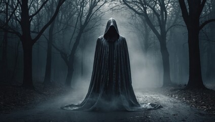 Mysterious man in a cloak in the fog