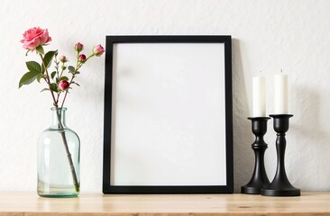 Mockup of a blank white sheet in a thin wooden frame surrounded by vases, flowers and candles