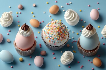 Delicious baked goods with colorful toppings on a bright blue background, perfect for food or lifestyle imagery