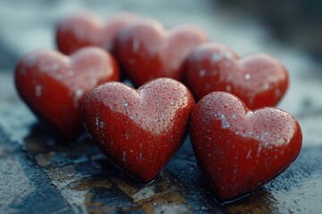 A collection of red hearts arranged on a table, perfect for romantic or celebratory scenes