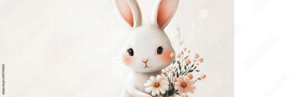 Poster cuddly rabbit embracing a lovely bouquet of flowers with plenty of space for text or design elements
