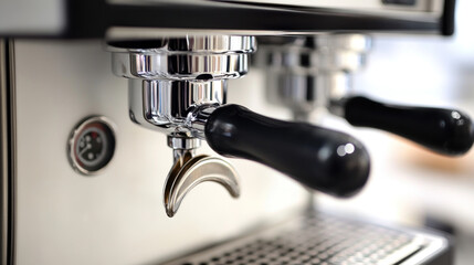 Close-up of espresso machine portafilters and group head.