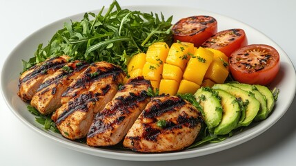 Grilled chicken breast with mango, avocado, tomato, and arugula salad.