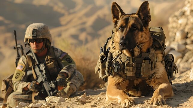 Military Canine Patrolling Desert Terrain with Bravery and Protection