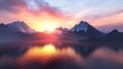 Majestic Mountain Range at Sunset Over Pristine Lake