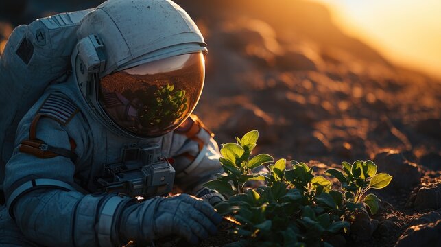 Astronaut kneeling in a field, wearing a space suit
