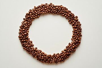 Coffee beans arranged in a circle on a white background, forming a frame.