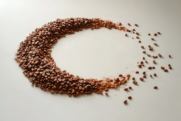 Coffee beans and grounds arranged in a crescent shape on a white background.