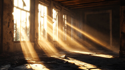 Sunbeams Dance Through Abandoned Building: Wide Shot Photo. AI Generated