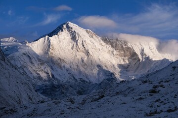 Amazing scenery of snowy Cho Oyu Mount from Gokyo. Himalayas, Sagarmatha National Park, Nepal
